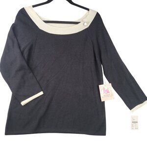 Vintage 80s Pink Poodle XL Black Cream Knit Top Rhinestone Boatneck 3/4 Sleeves